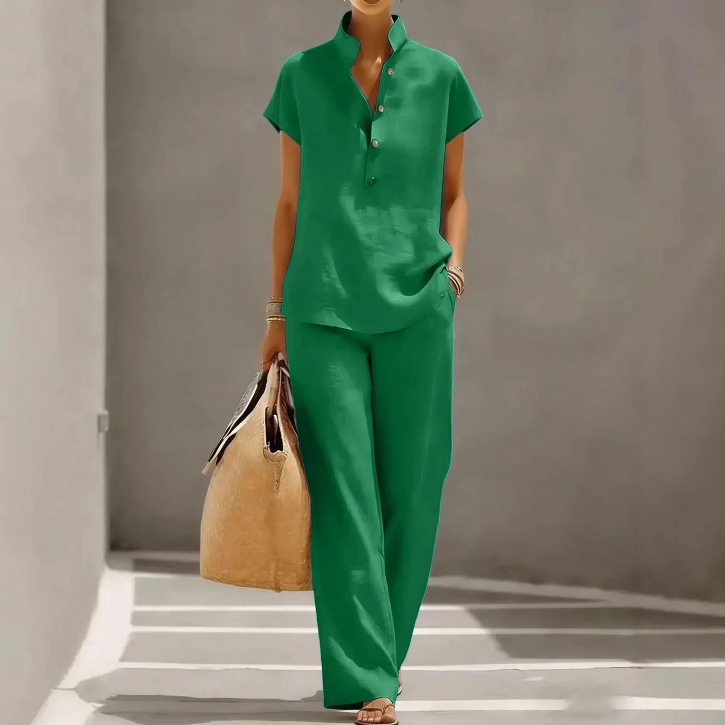 Lotte - Stijlvolle Linnen Co-Ord Set Dames met Korte Mouw Blouse en Wijde Broek
