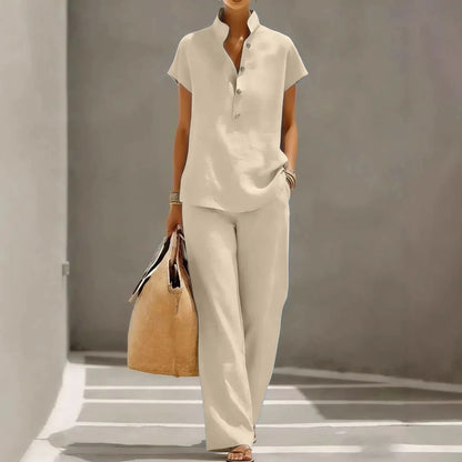 Lotte - Stijlvolle Linnen Co-Ord Set Dames met Korte Mouw Blouse en Wijde Broek
