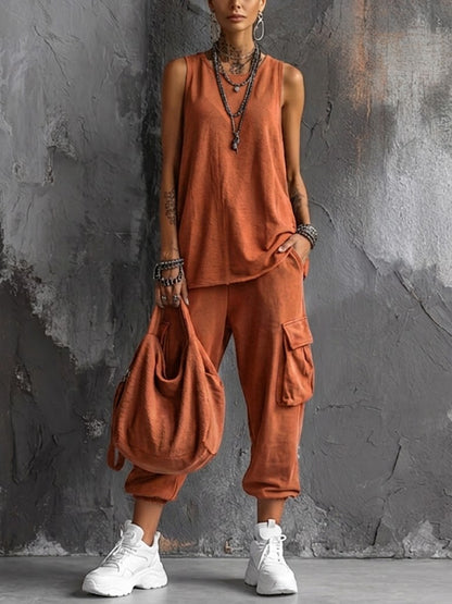 Lotte - Stoere Linnen Set Dames met Mouwloze Top en Cargobroek