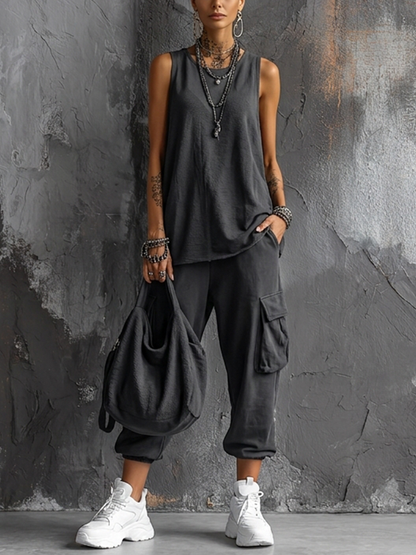 Lotte - Stoere Linnen Set Dames met Mouwloze Top en Cargobroek