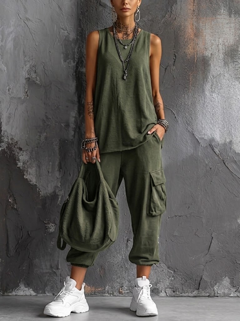 Lotte - Stoere Linnen Set Dames met Mouwloze Top en Cargobroek