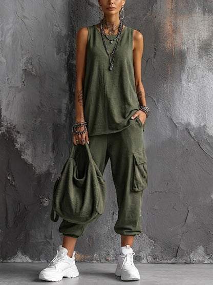 Lotte - Stoere Linnen Set Dames met Mouwloze Top en Cargobroek