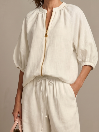 Lotte - Vintage Linnen Set Dames met Pofmouwen en Wijde Pijpen