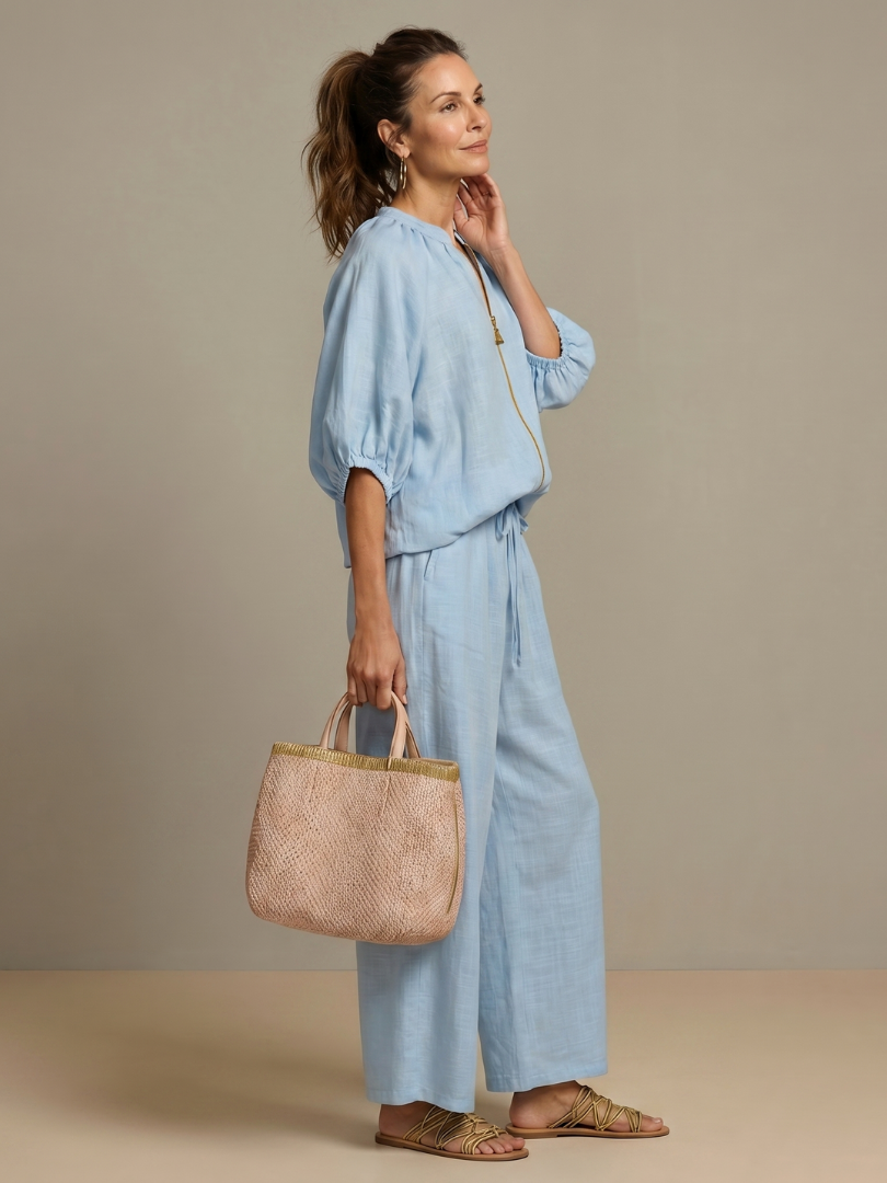 Lotte - Vintage Linnen Set Dames met Pofmouwen en Wijde Pijpen