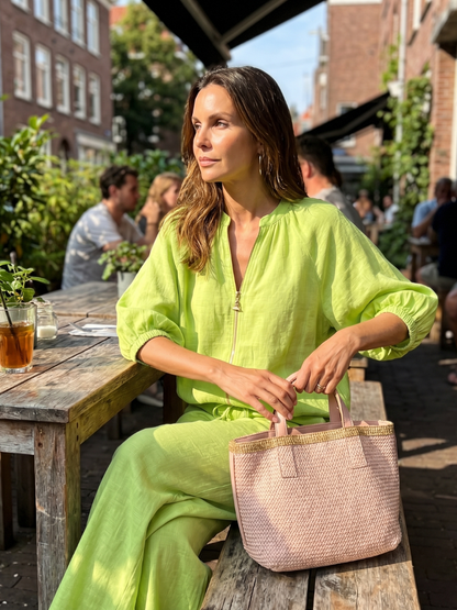Lotte - Vintage Linnen Set Dames met Pofmouwen en Wijde Pijpen