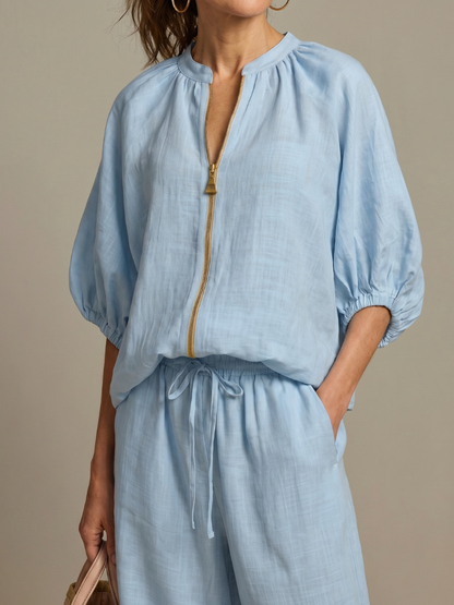 Lotte - Vintage Linnen Set Dames met Pofmouwen en Wijde Pijpen