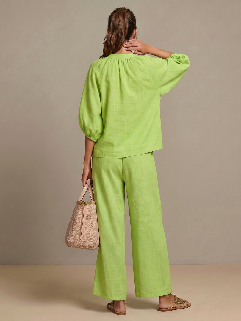 Lotte - Vintage Linnen Set Dames met Pofmouwen en Wijde Pijpen