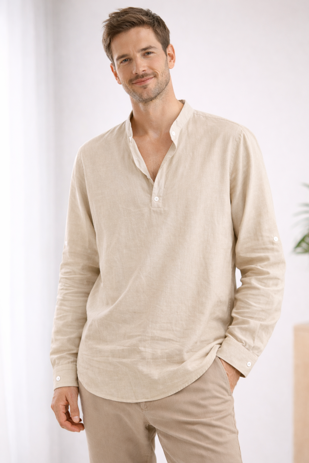 Lucas - Casual Linnen Overhemd Heren met Opstaande Kraag en Henley Sluiting