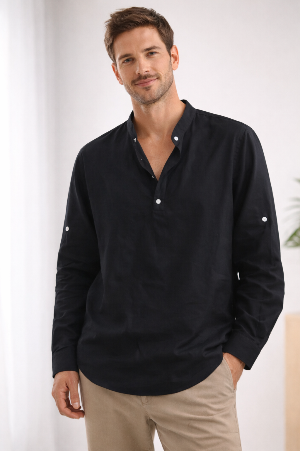 Lucas - Casual Linnen Overhemd Heren met Opstaande Kraag en Henley Sluiting