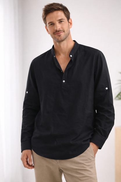 Lucas - Casual Linnen Overhemd Heren met Opstaande Kraag en Henley Sluiting