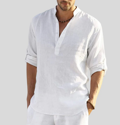 Lucas - Casual Linnen Overhemd Heren met Opstaande Kraag en Henley Sluiting