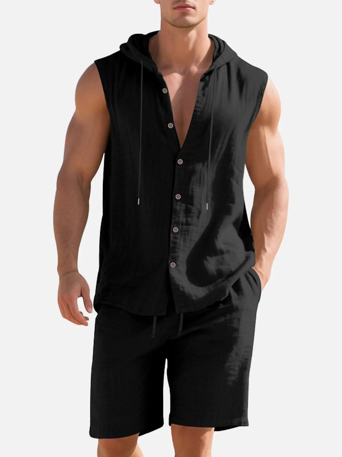 Lucas - Casual Linnen Set Heren met Capuchon en Mouwloos Vest