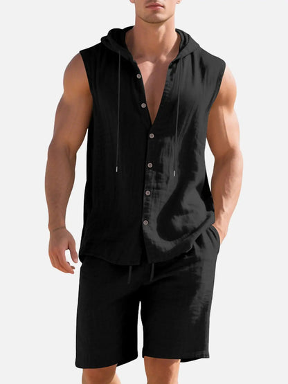 Lucas - Casual Linnen Set Heren met Capuchon en Mouwloos Vest