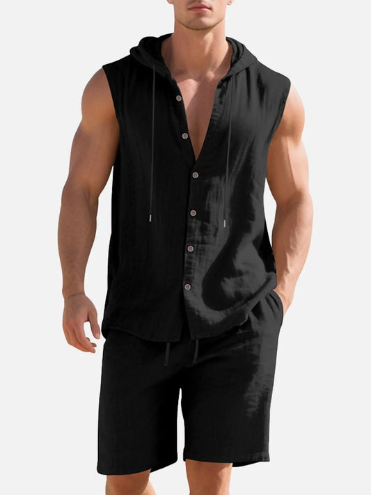 Lucas - Casual Linnen Set Heren met Capuchon en Mouwloos Vest