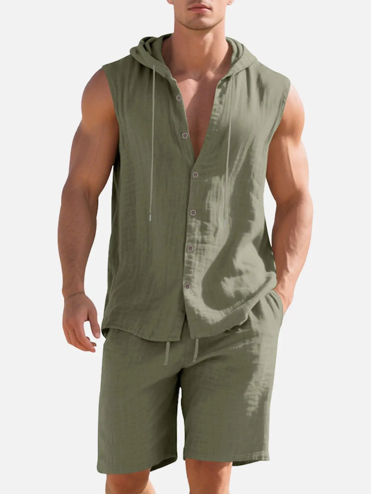 Lucas - Casual Linnen Set Heren met Capuchon en Mouwloos Vest