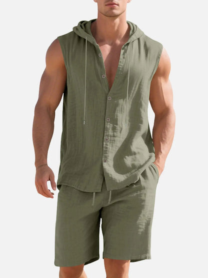Lucas - Casual Linnen Set Heren met Capuchon en Mouwloos Vest