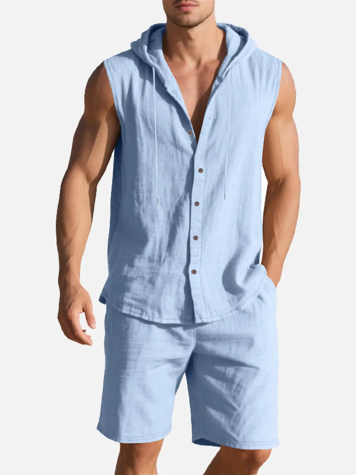 Lucas - Casual Linnen Set Heren met Capuchon en Mouwloos Vest