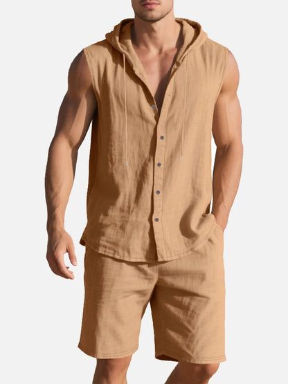 Lucas - Casual Linnen Set Heren met Capuchon en Mouwloos Vest