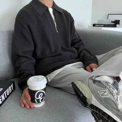 Lucas - Heren Gebreide Trui Casual Smart met Halve Rits Polokraag en Lange Mouw