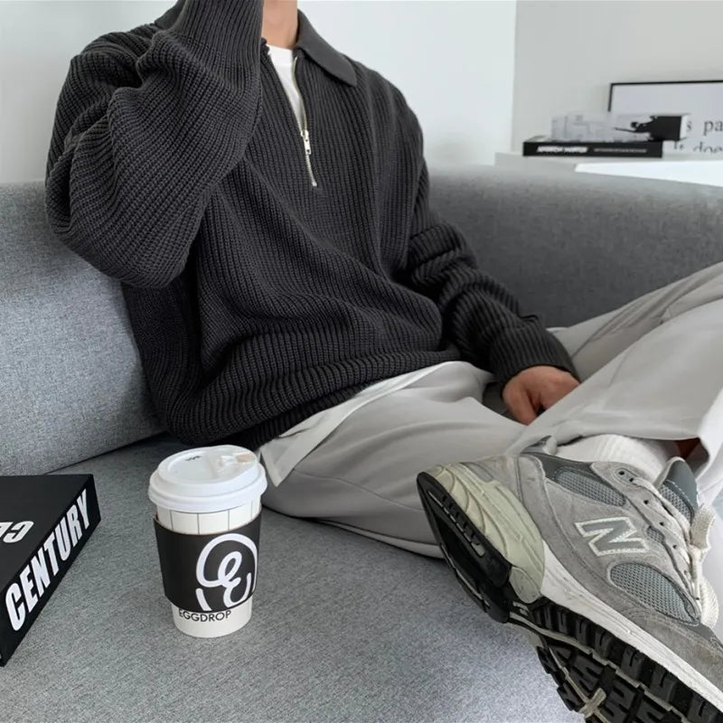 Lucas - Heren Gebreide Trui Casual Smart met Halve Rits Polokraag en Lange Mouw