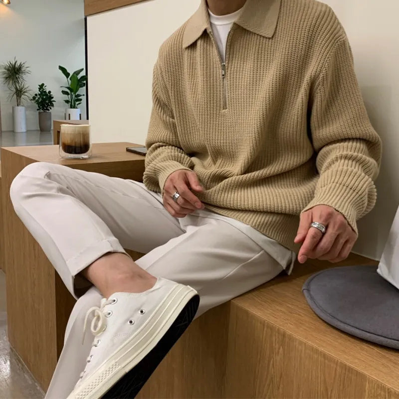 Lucas - Heren Gebreide Trui Casual Smart met Halve Rits Polokraag en Lange Mouw