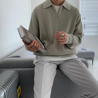 Lucas - Heren Gebreide Trui Casual Smart met Halve Rits Polokraag en Lange Mouw