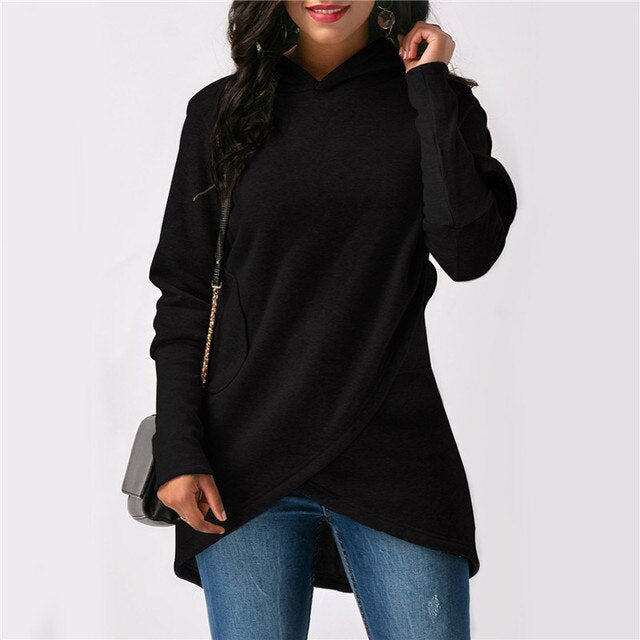 Lynn - Dames Lange Hoodie met Asymmetrische Overslagzoom en Zijzak