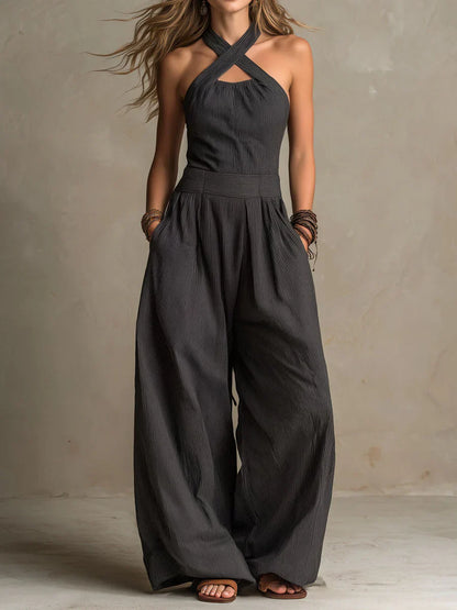 Lynn - Vintage Linnen Jumpsuit Dames met Gekruiste Halterhals en Wijde Pijpen