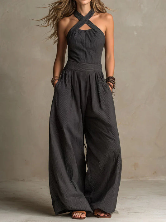 Lynn - Vintage Linnen Jumpsuit Dames met Gekruiste Halterhals en Wijde Pijpen