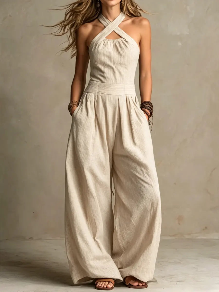 Lynn - Vintage Linnen Jumpsuit Dames met Gekruiste Halterhals en Wijde Pijpen