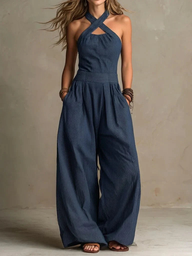 Lynn - Vintage Linnen Jumpsuit Dames met Gekruiste Halterhals en Wijde Pijpen