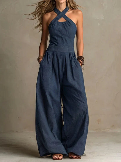 Lynn - Vintage Linnen Jumpsuit Dames met Gekruiste Halterhals en Wijde Pijpen