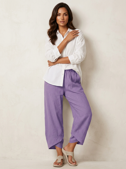 Mara - Casual Linnen Broek Dames met Elastische Tailleband en Geplooide Zoom