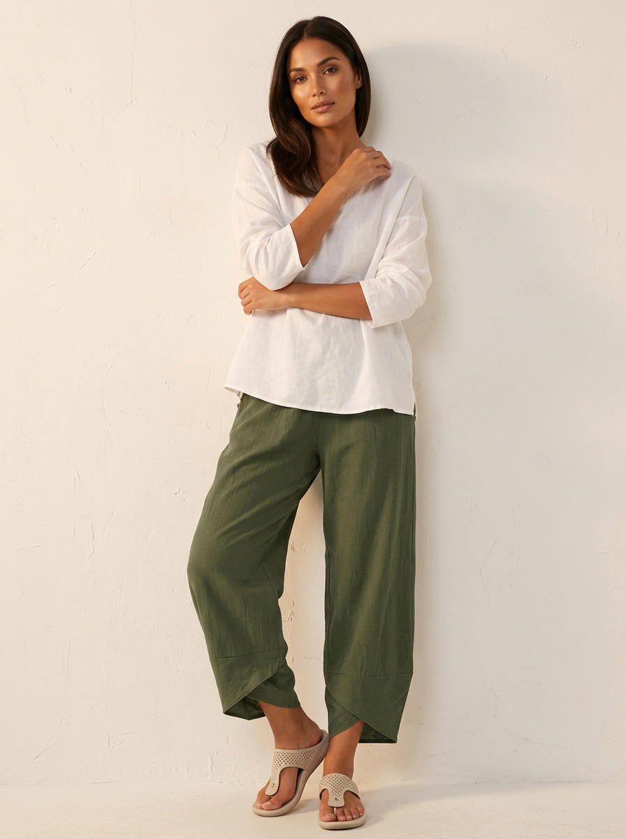 Mara - Casual Linnen Broek Dames met Elastische Tailleband en Geplooide Zoom
