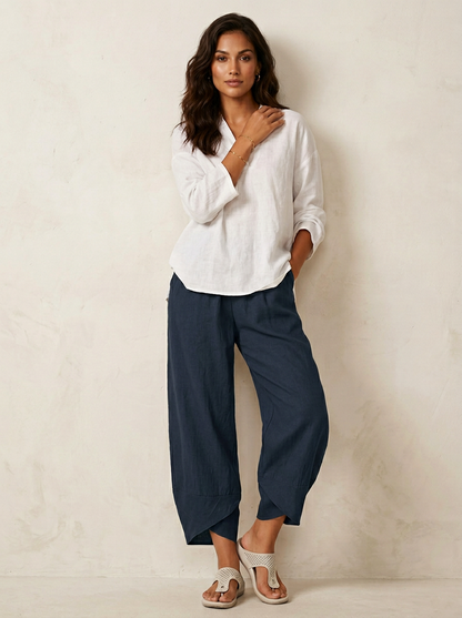 Mara - Casual Linnen Broek Dames met Elastische Tailleband en Geplooide Zoom
