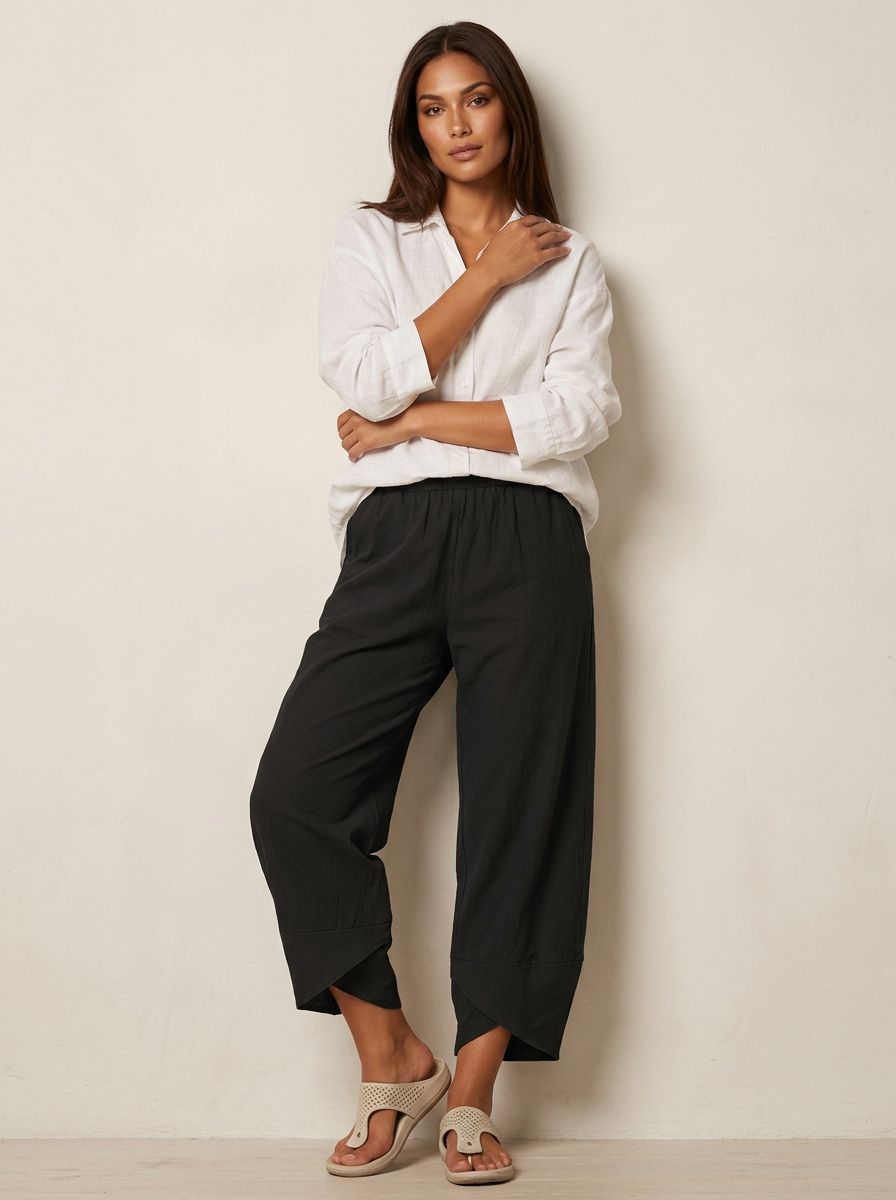 Mara - Casual Linnen Broek Dames met Elastische Tailleband en Geplooide Zoom