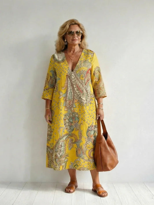 Marit - Boho Plus Size Maxi Jurk Dames met V-hals en Driekwart Mouw