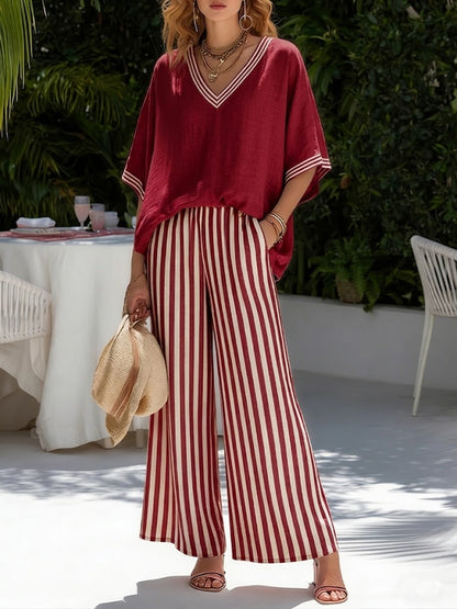 Marit - Trendy Linnen Set Dames met Vleermuismouwen en Gestreepte Broek