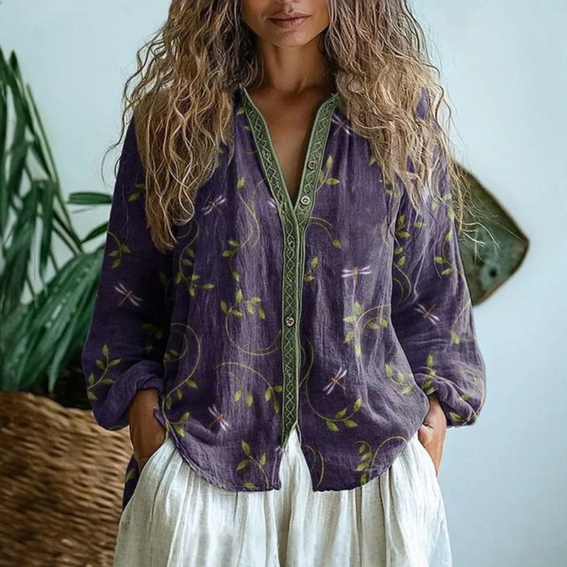 Maud - Boho Linnen Blouse Dames met Bloemenprint en V-hals