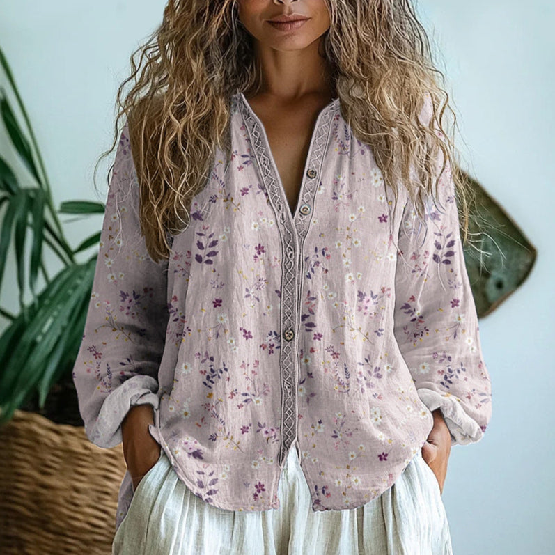 Maud - Boho Linnen Blouse Dames met Bloemenprint en V-hals