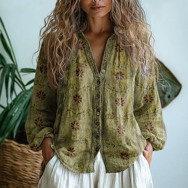 Maud - Boho Linnen Blouse Dames met Bloemenprint en V-hals