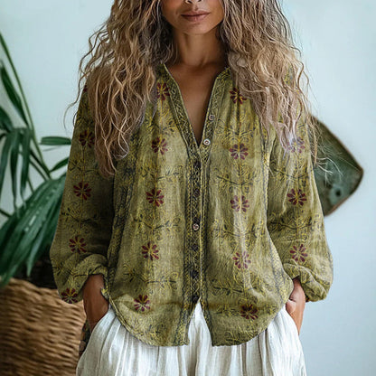 Maud - Boho Linnen Blouse Dames met Bloemenprint en V-hals