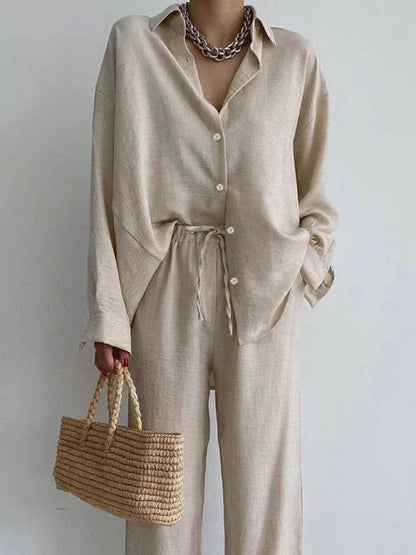 Fenna - Chique Linnen Co-ord Set Dames met Wijde Blouse en Broek met Strikkoord