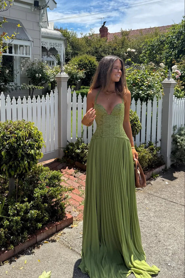 Maud - Elegante Bruiloft Gastenjurk Dames met Kanten Lijfje en Geplooide Maxi Rok