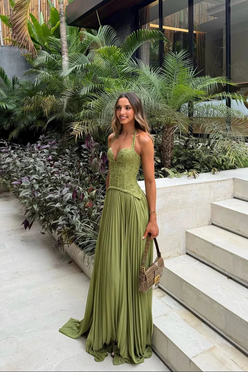 Maud - Elegante Bruiloft Gastenjurk Dames met Kanten Lijfje en Geplooide Maxi Rok