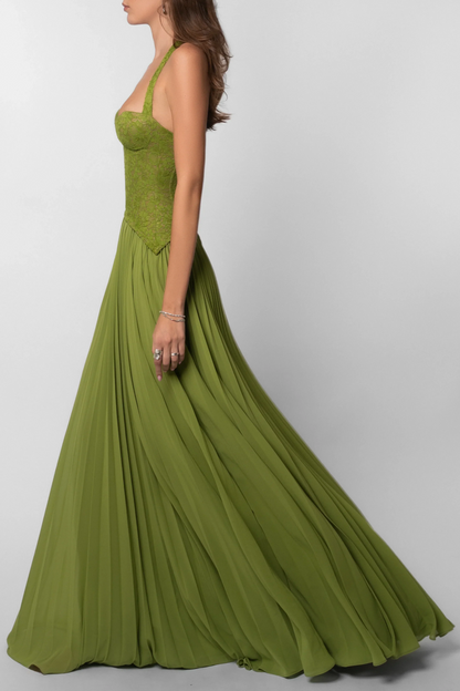 Maud - Elegante Bruiloft Gastenjurk Dames met Kanten Lijfje en Geplooide Maxi Rok