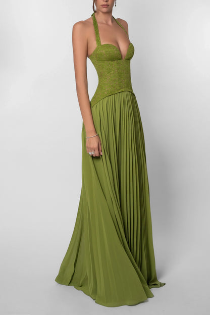 Maud - Elegante Bruiloft Gastenjurk Dames met Kanten Lijfje en Geplooide Maxi Rok