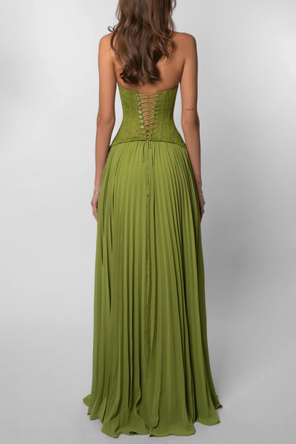 Maud - Elegante Bruiloft Gastenjurk Dames met Kanten Lijfje en Geplooide Maxi Rok