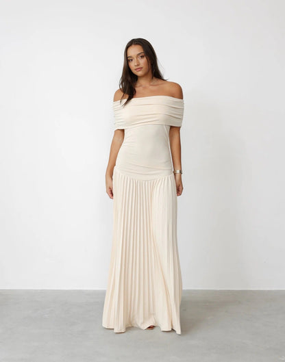 Maud - Elegante Bruiloft Gastenjurk Dames met Off-Shoulder en Geplooide Maxi Rok