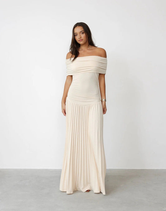 Maud - Elegante Bruiloft Gastenjurk Dames met Off-Shoulder en Geplooide Maxi Rok